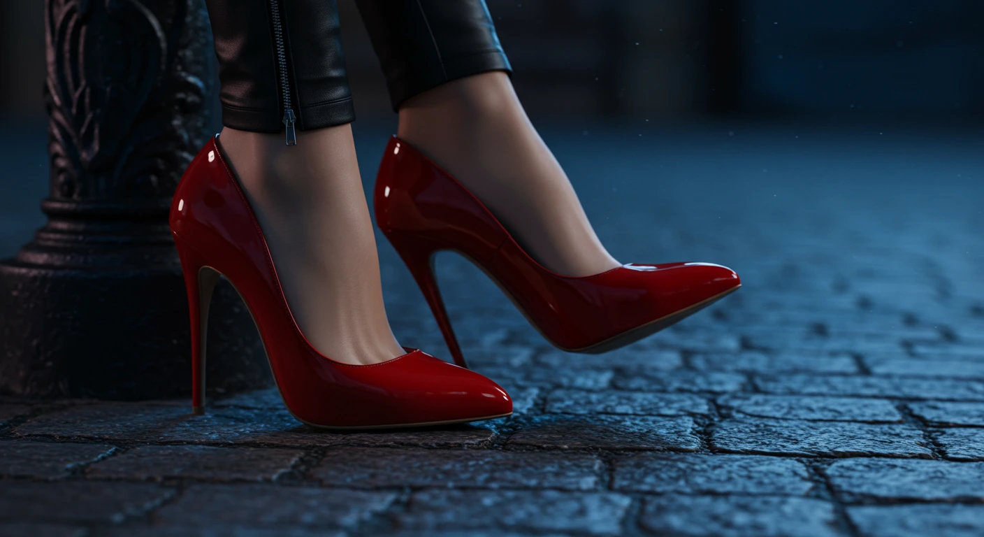Glossy red high heels on cobblestone street beside black iron post, night setting.