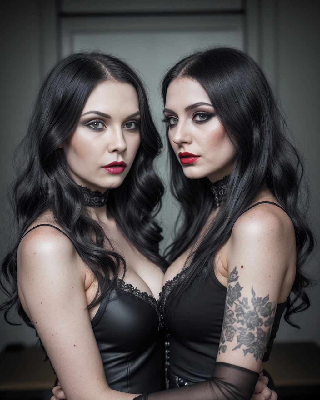 Elena Parker and another woman standing closely together, both dressed in elegant black gothic outfits.