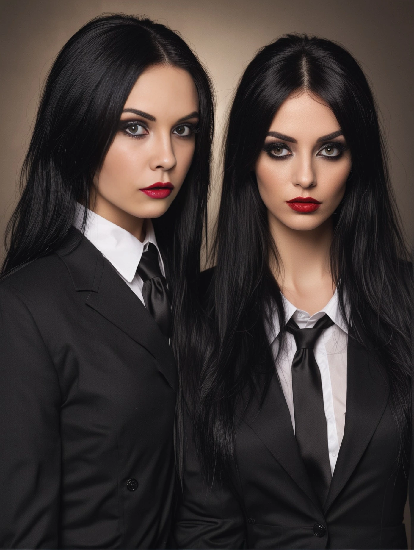 Elena Parker and another gothic woman standing together in formal black attire, highlighting their professional and intense relationship.