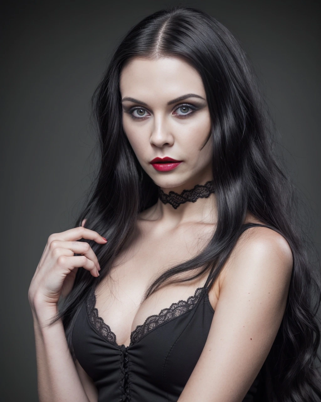 Elena Parker posing confidently in a black lace dress with a choker necklace. 