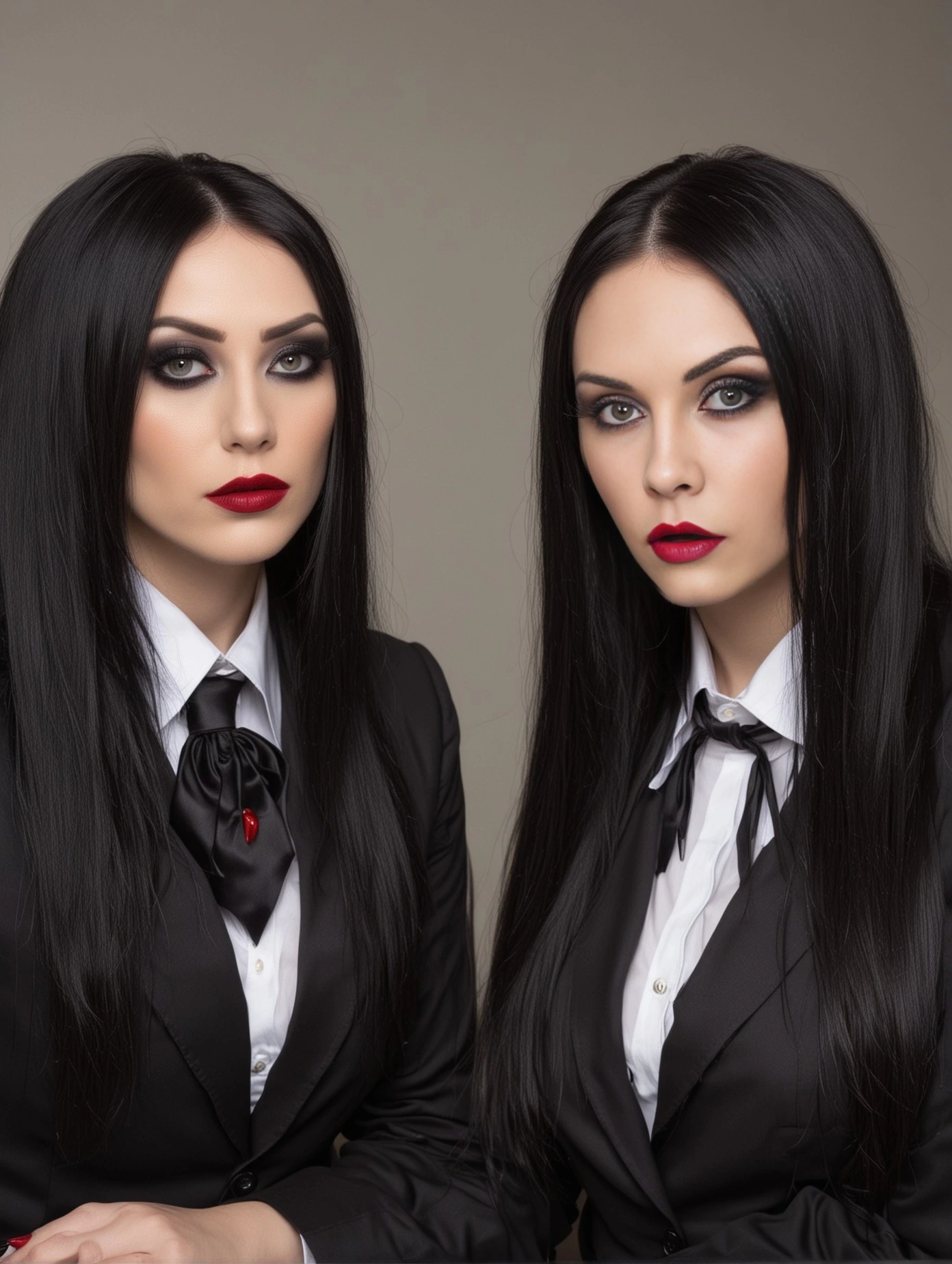 Elena Parker and her colleague both dressed in matching black suits, seated side by side, representing their cohesive professional relationship.