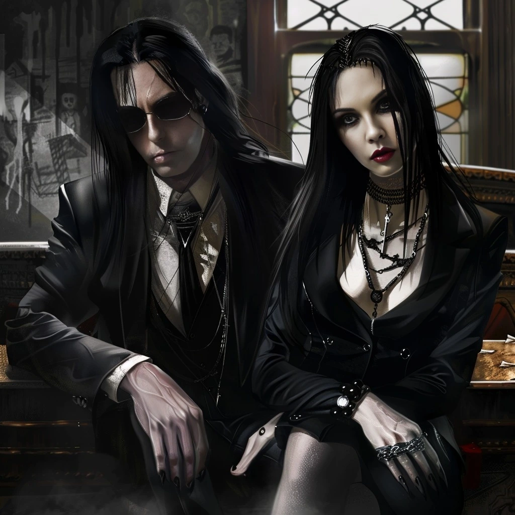 Adrian Blackwood and Elena Parker, both dressed in black, sitting in a gothic setting, showcasing the deep connection in their boss and secretary romance.
