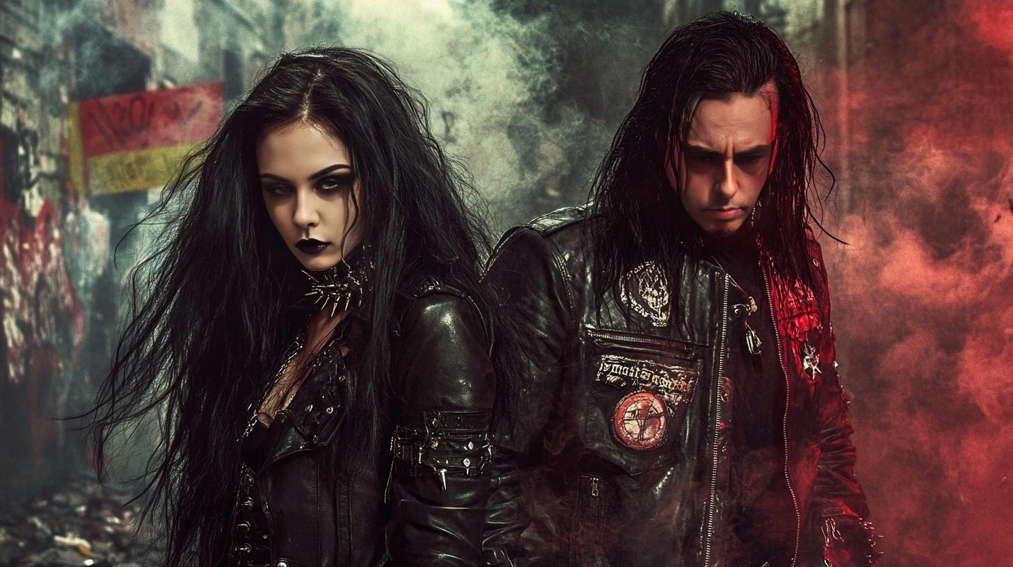 A gothic metalhead rebellious woman and a black metalhead man standing back-to-back in a gritty urban setting with smoke and graffiti, exuding an aura of defiance and fierce individuality.
