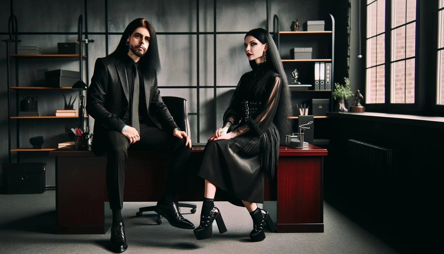 Elena Parker and Adrian Blackwood seated on a desk in a modern office, both dressed in sophisticated black outfits, representing their professional partnership and growing personal relationship.