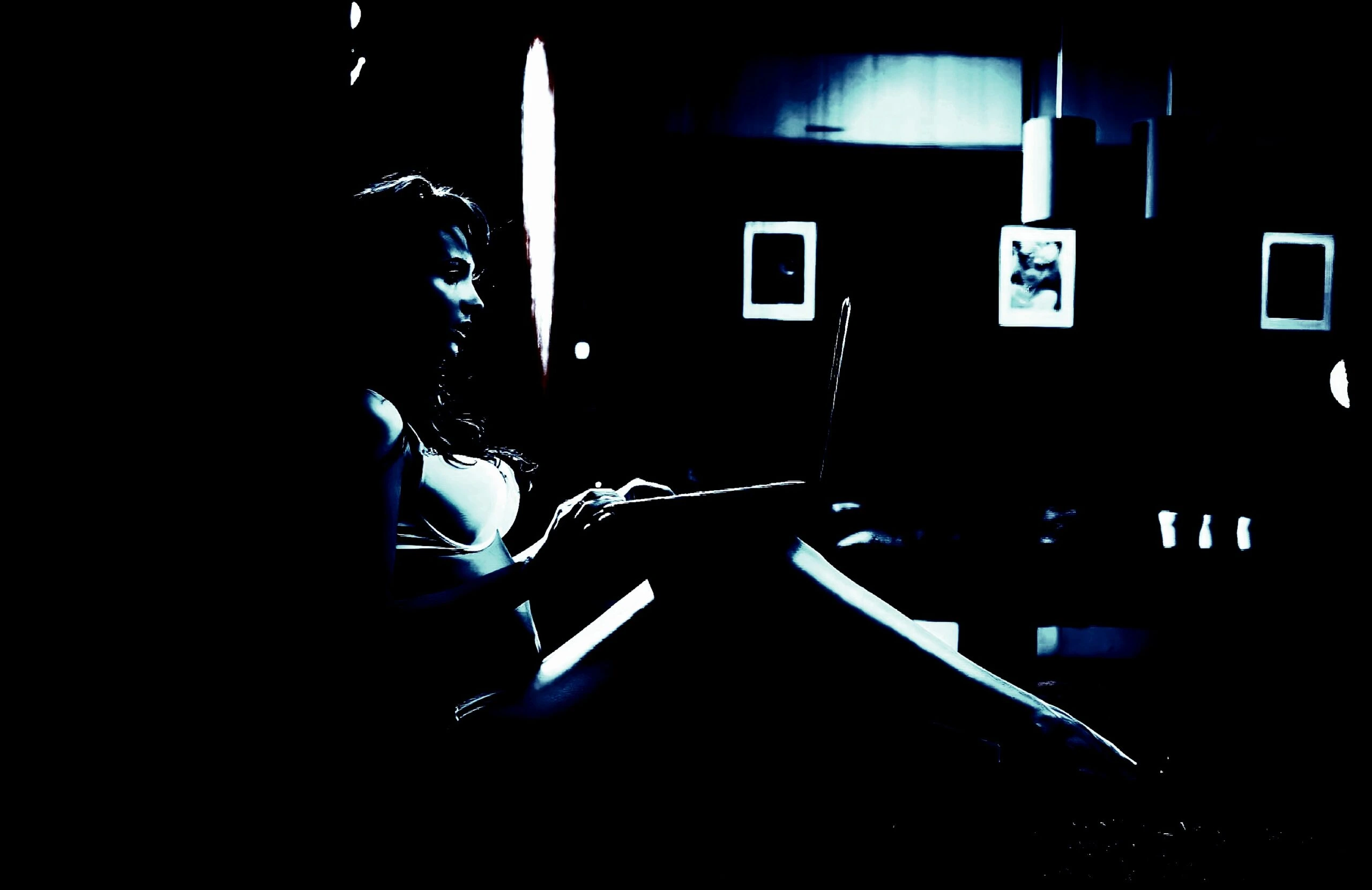 Silhouette of a woman working on a laptop in a dimly lit room. 