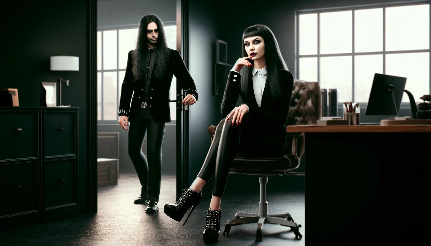 Adrian Blackwood standing in a doorway, watching Elena Parker who is seated at her desk, both dressed in sleek black clothing, emphasizing the gothic elegance of their workplace.