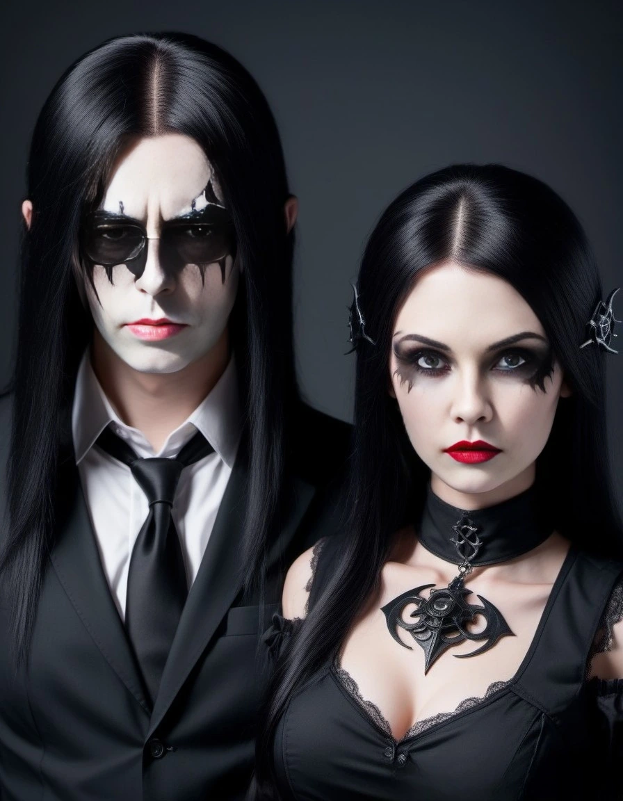 Close-up of Elena Parker and Adrian Blackwood, both in gothic-inspired outfits, with Adrian's face painted in black and white, emphasizing their dark and alluring personas.