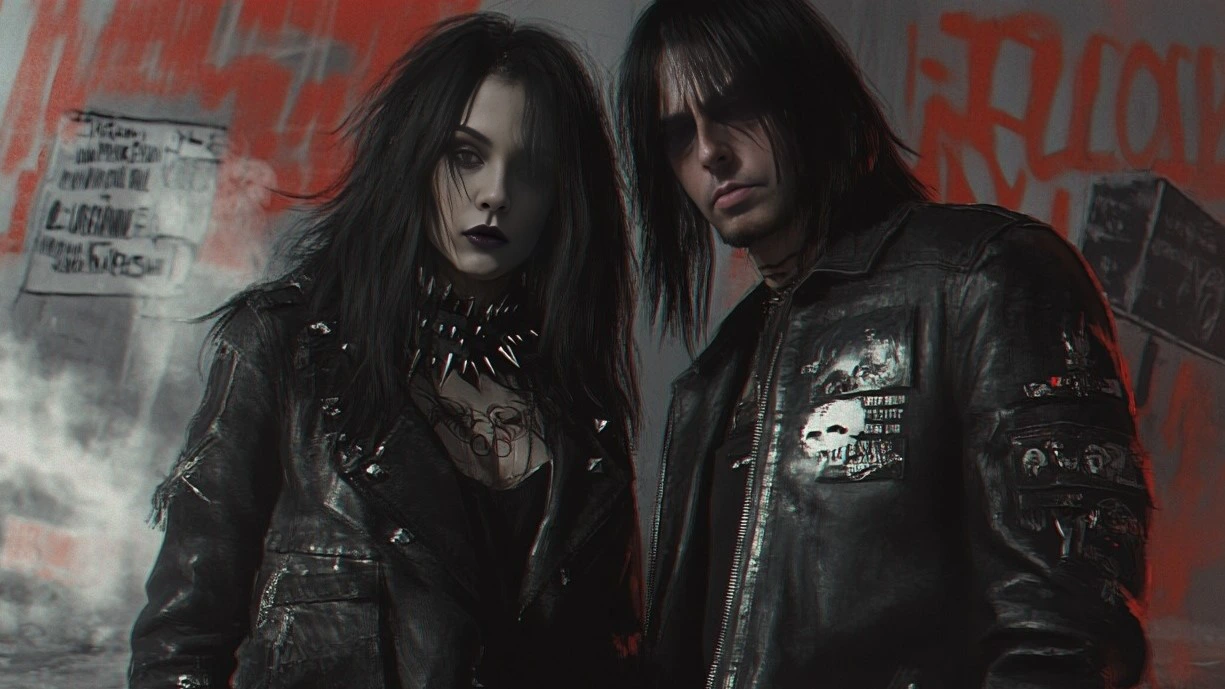 A gothic metalhead rebellious woman and a black metalhead man standing against a gritty urban backdrop with graffiti, exuding defiance and individuality with their spiked leather outfits and intense expressions.