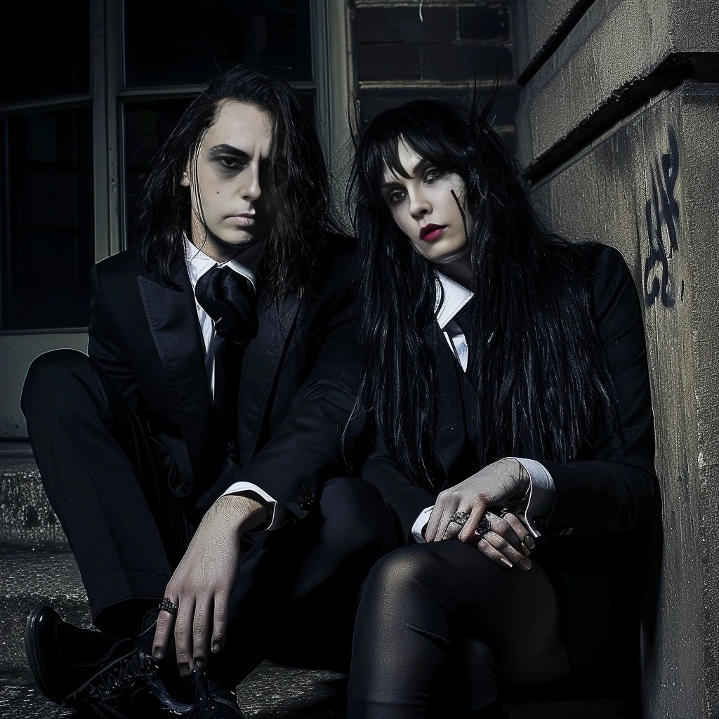 Adrian Blackwood and Elena Parker, in gothic attire, sitting together on a darkened stairway, symbolizing their deep connection in their boss and secretary romance.