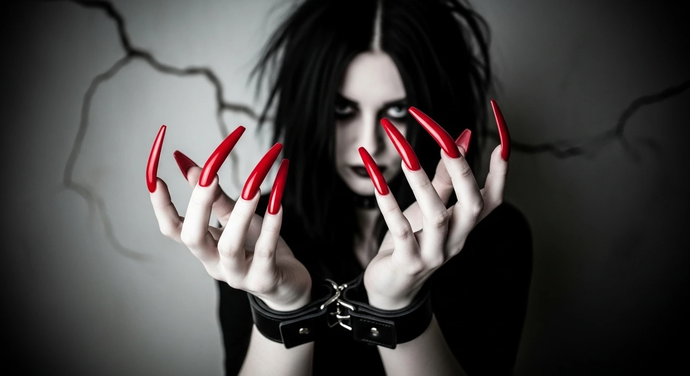 Pale woman with long red nails in cuffs raises hands, messy black hair in background.