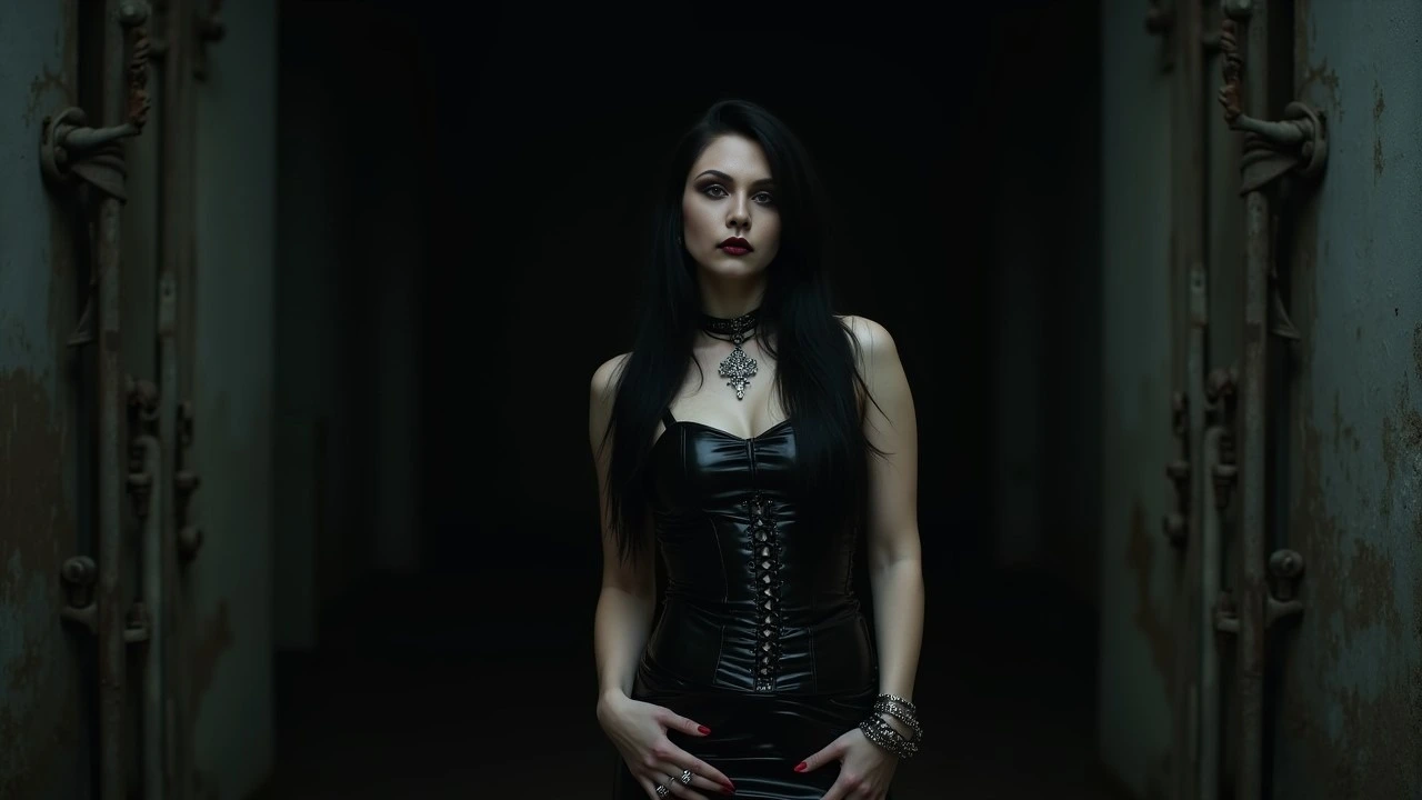 Gothic woman in black PVC dress and corset, standing in an abandoned industrial space with a piercing, intense gaze.