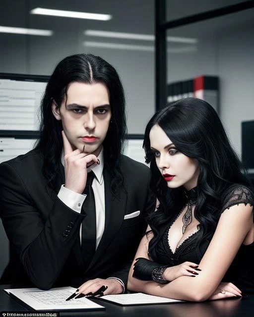 Adrian Blackwood and Elena Parker working together in an office, both dressed in gothic-inspired black outfits, illustrating their complex boss and secretary relationship.