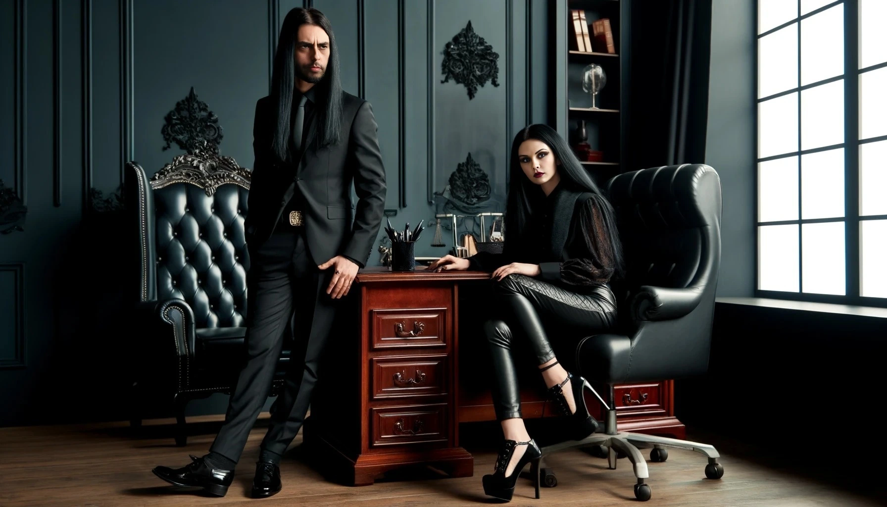 Adrian Blackwood and Elena Parker in a dark, ornate office, both dressed in black leather and gothic-inspired clothing, representing their deep connection and shared ambition.