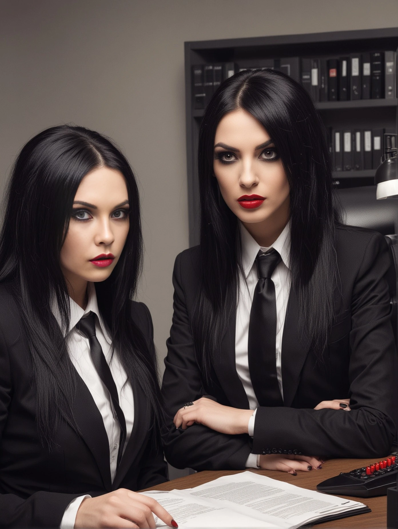 Elena Parker and another gothic woman in an office setting, both in black suits, representing their professional and intense relationship.