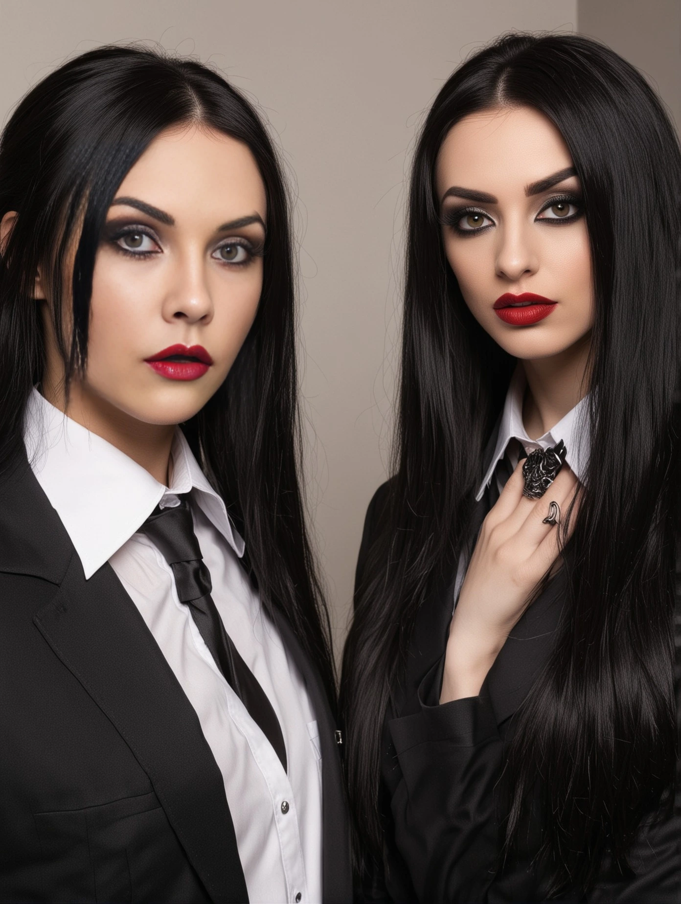Elena Parker and another gothic woman, both dressed in black suits, representing their professional and intense relationship.