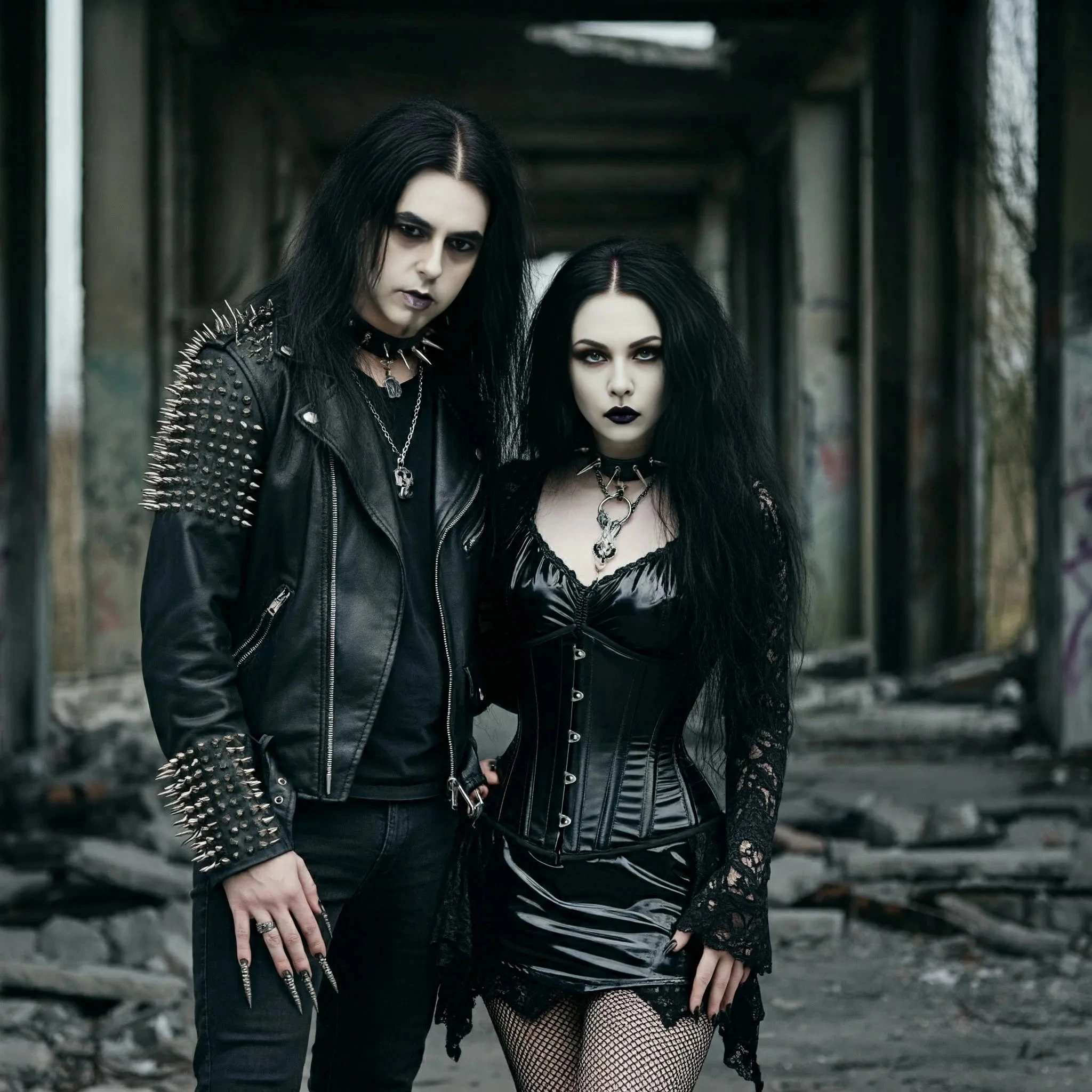 Black metalhead man and gothic woman in dark attire, standing in an abandoned space with a defiant, edgy style.