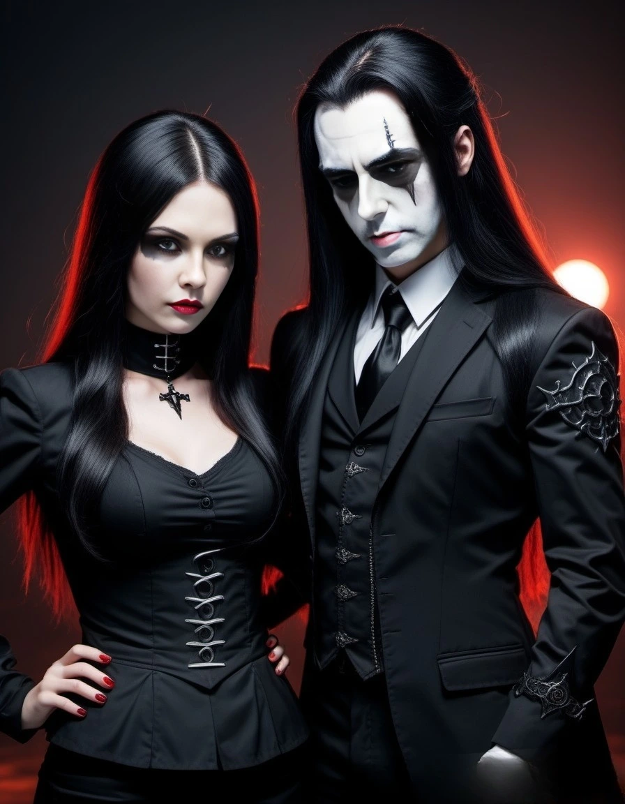 Elena Parker and Adrian Blackwood standing side by side in gothic attire, with Adrian's face painted in a dramatic, monochrome style, symbolizing their intense and mysterious connection. Image 2: "Close-up of Elena Parker and Adrian Blackwood, both in gothic-inspired outfits, with Adrian's face painted in black and white, emphasizing their dark and alluring personas." Image 3: "Elena Parker and Adrian Blackwood standing together in a gothic setting, with Adrian's face painted in a haunting style, showcasing their deep and enigmatic bond."