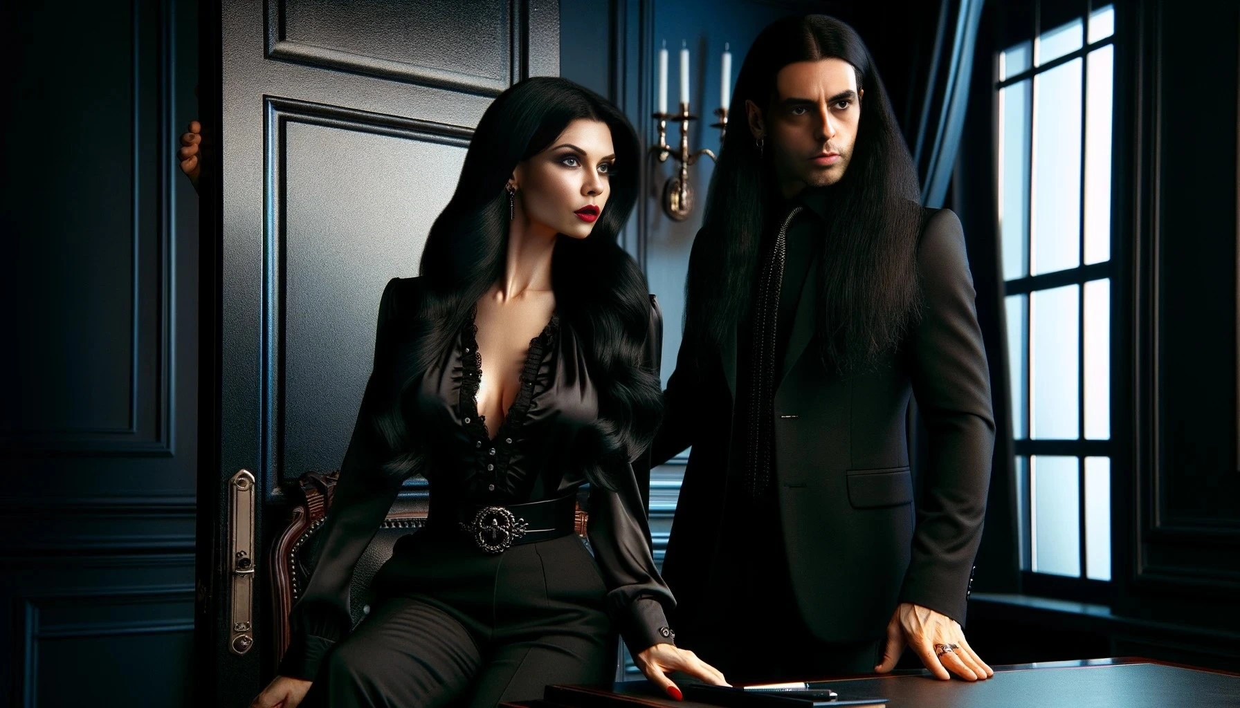 Dark Boss and Secretary Romance: Elena Parker and Adrian Blackwood standing in a luxurious, dark office, both dressed in elegant black attire, symbolizing their intense professional and personal connection.