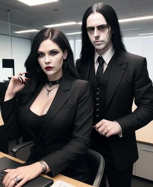 Adrian Blackwood and Elena Parker in an office setting, both dressed in formal black suits, highlighting their professional and romantic boss and secretary relationship.