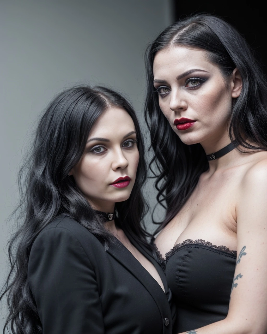 Close-up of Elena Parker with another gothic woman, both dressed in dark, elegant attire, illustrating the intense relationships in a gothic office environment.