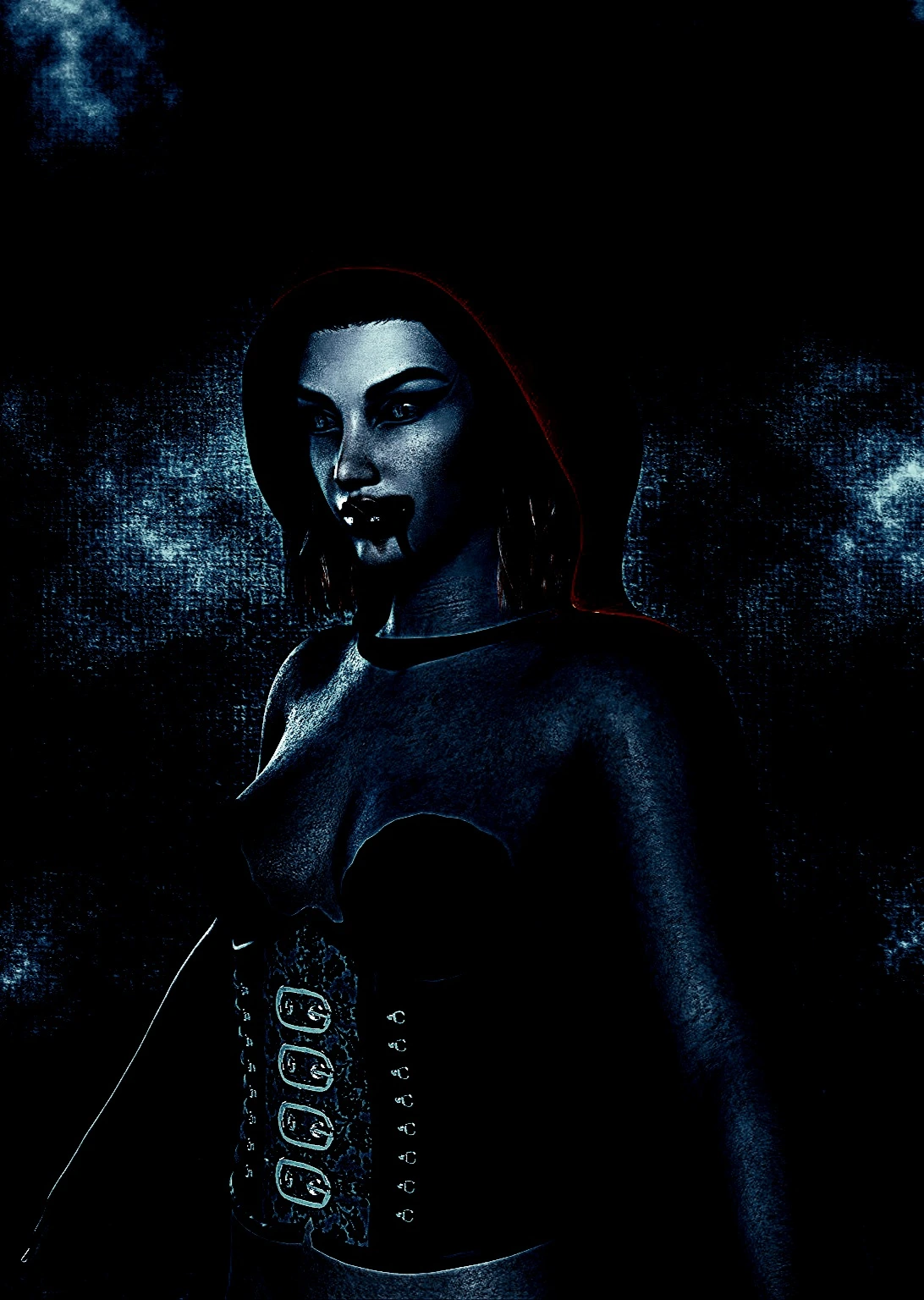 Female vampire in a dark, gothic outfit with blood on her lips, showcasing the Vampire Halloween Costume Aesthetic.