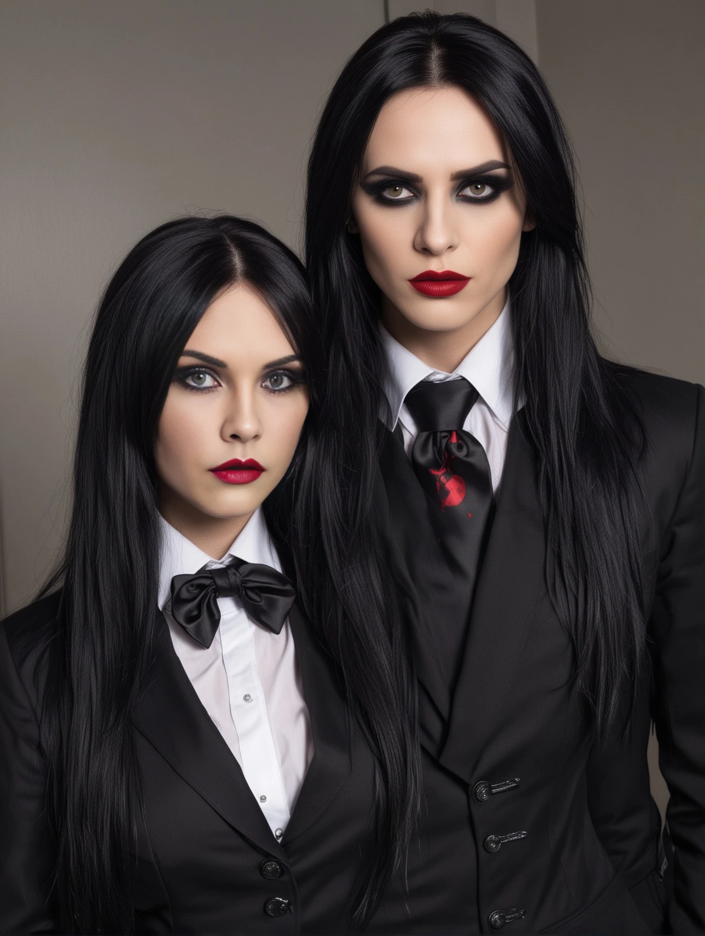 Elena Parker and her colleague standing side by side in formal black attire, with Elena wearing a black suit and tie, and her colleague sporting a slightly more elaborate outfit. 