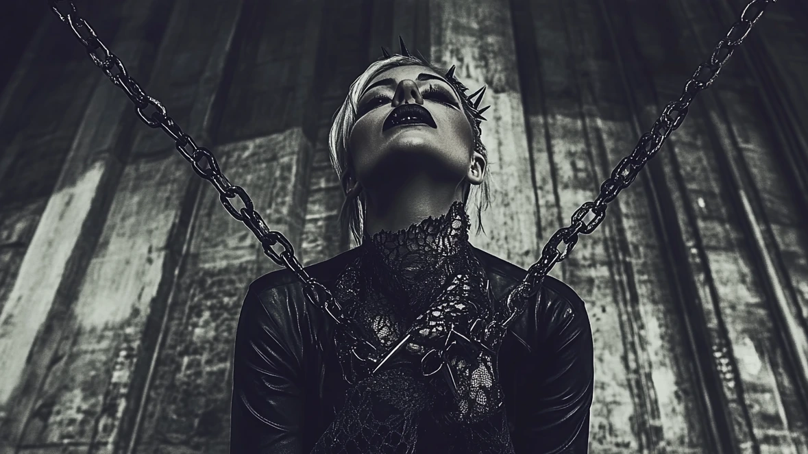 A woman in Gothic and metal fashion, including black leather, lace, and chains, with an intense expression, standing with chains around her in a dark industrial setting.