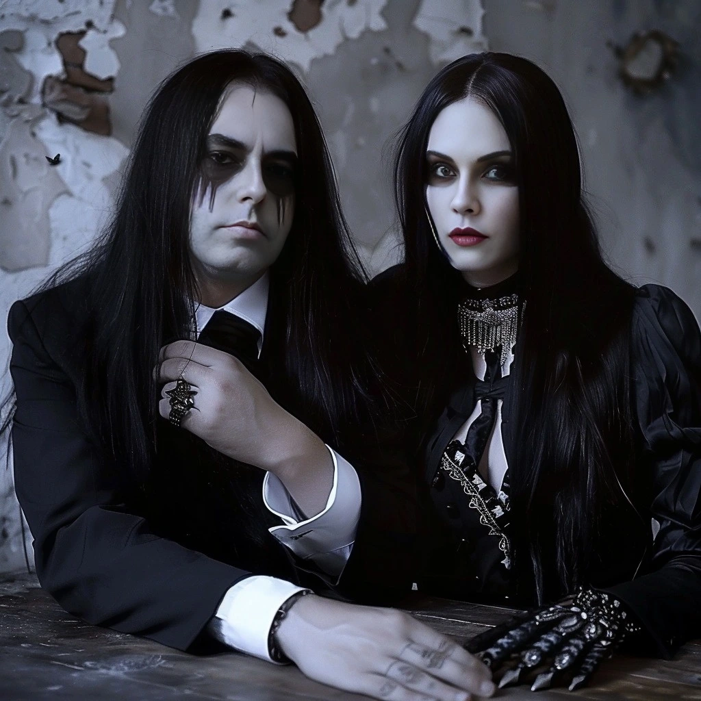 Adrian Blackwood and Elena Parker in a dark, gothic room, both dressed in formal black attire, highlighting their deep and mysterious boss and secretary connection.