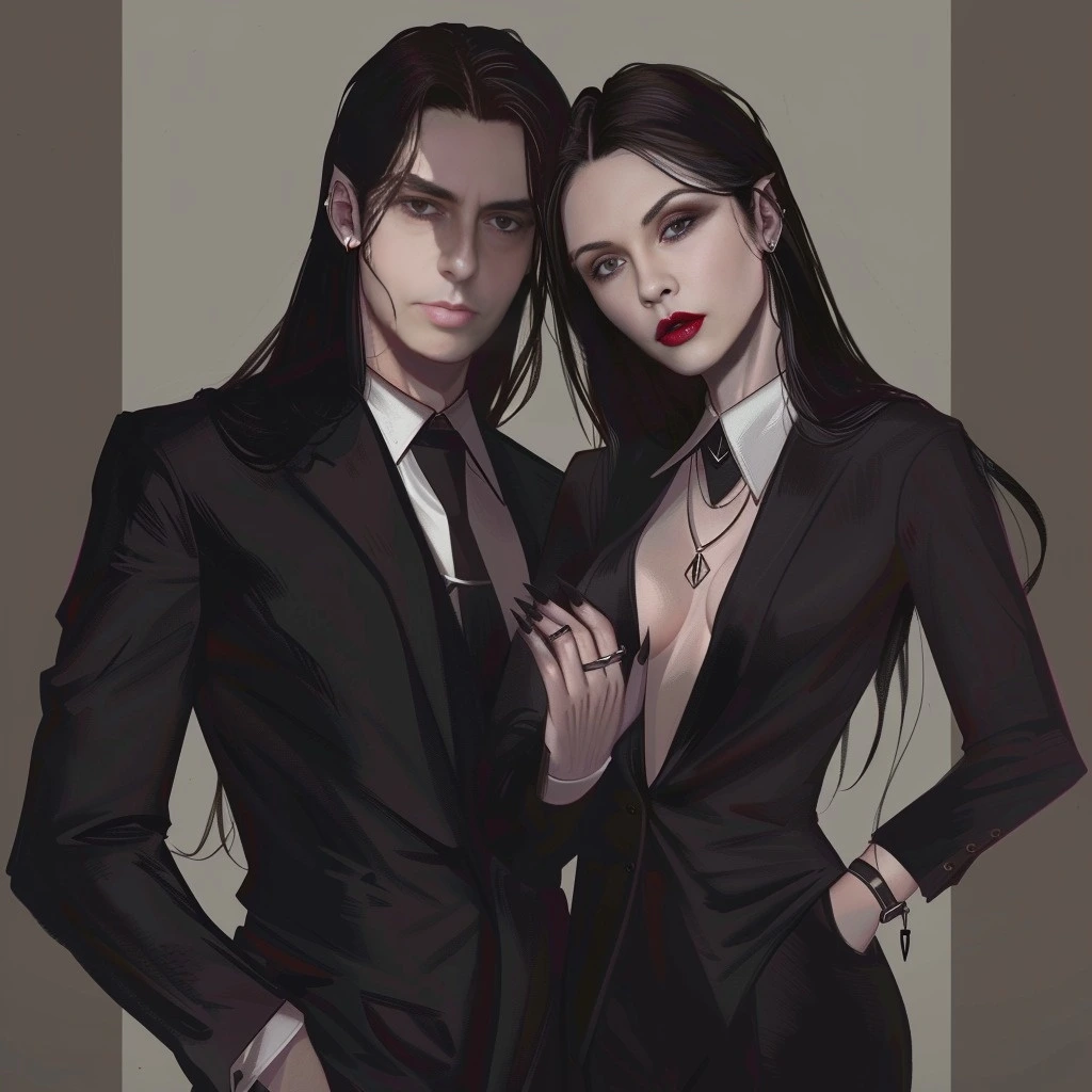 Adrian Blackwood and Elena Parker standing back to back in a gothic-inspired setting, both dressed in black suits, symbolizing their strong and intense boss and secretary relationship.