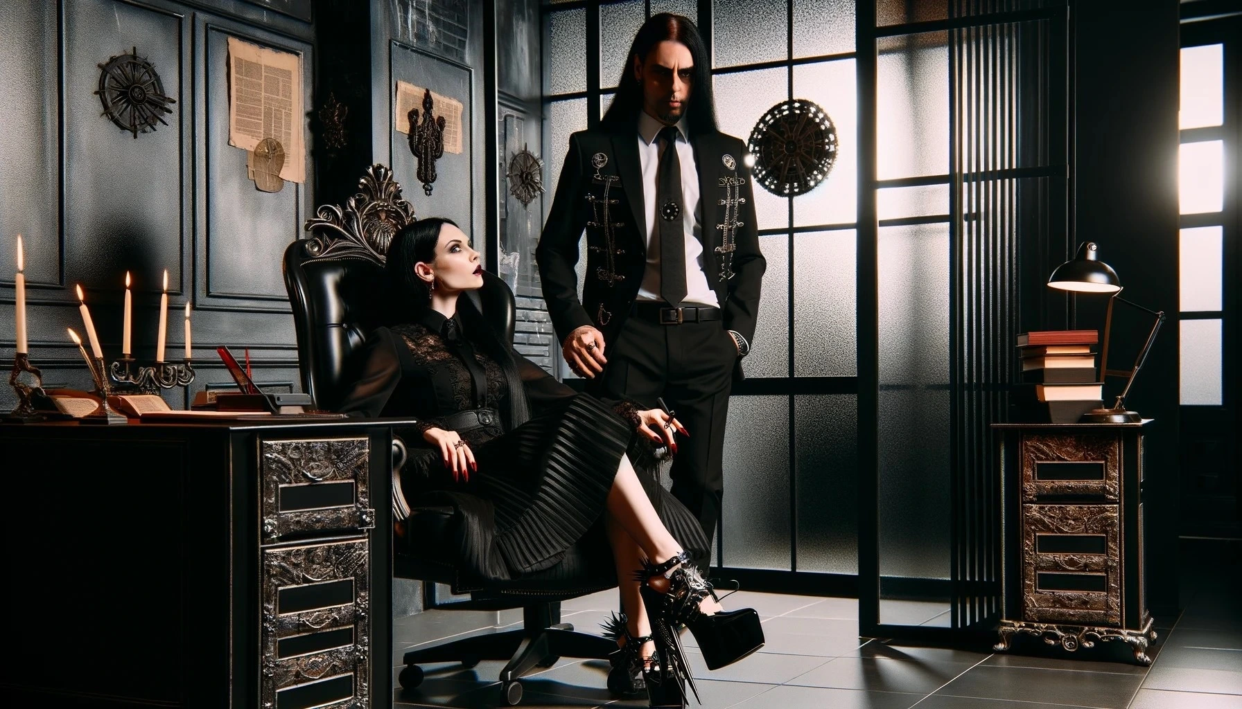 Elena Parker sitting in an ornate leather chair, looking up at Adrian Blackwood who stands confidently beside her, showcasing their powerful dynamic in the gothic-inspired office.