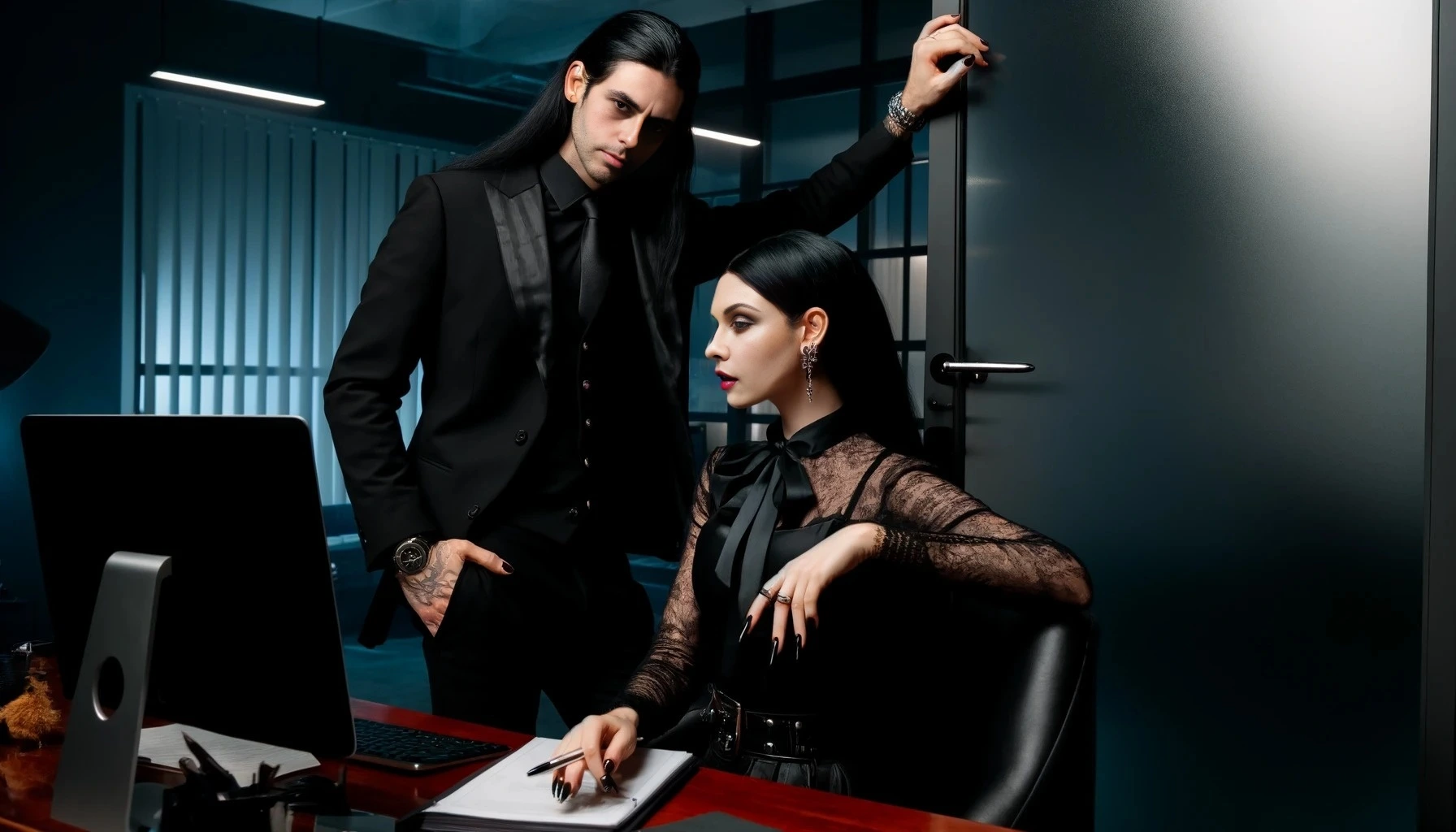 Adrian Blackwood leaning against a door frame, gazing intensely at Elena Parker as she works at her desk, illustrating the magnetic tension between them.