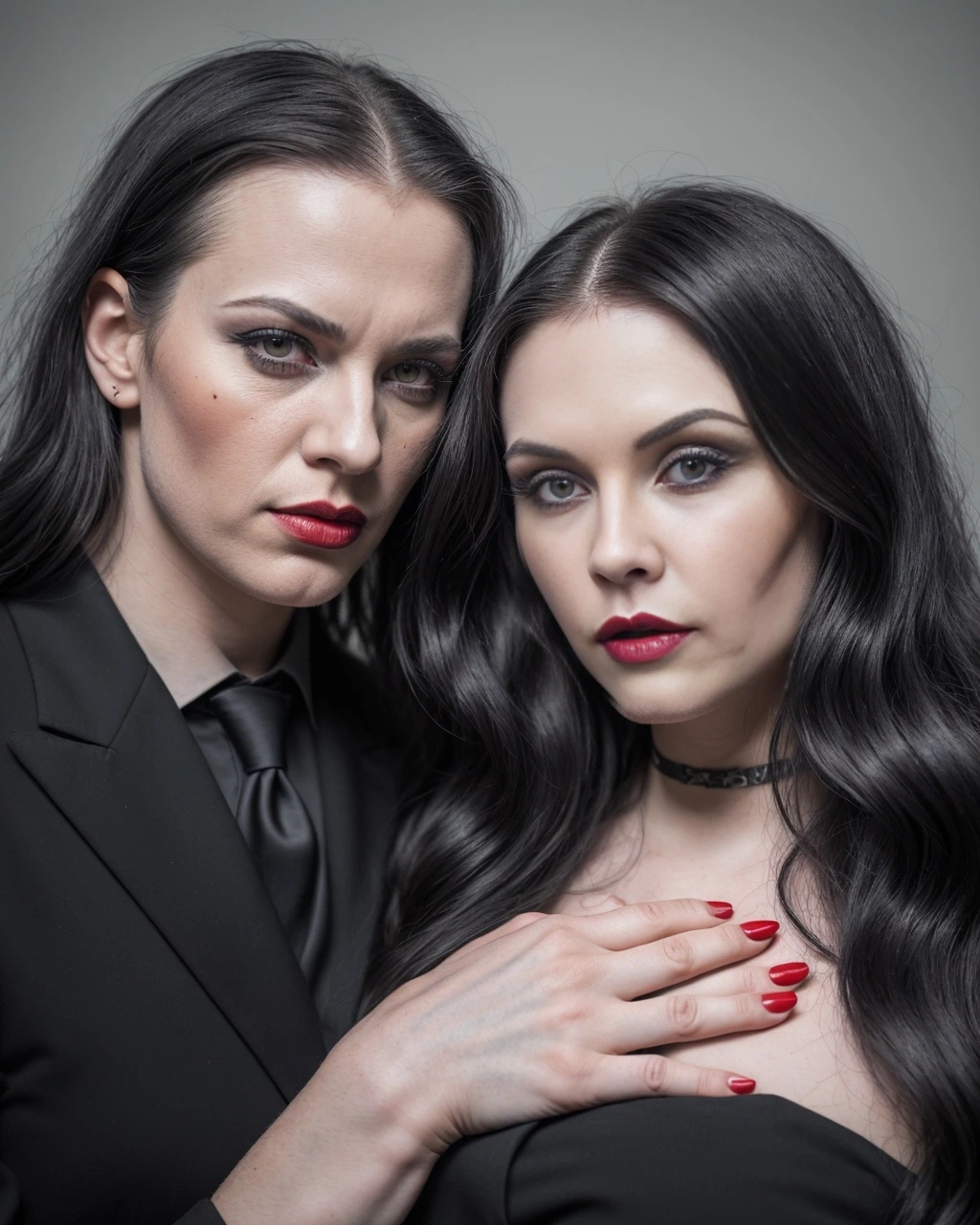 Elena Parker with another woman, both looking intensely at the camera, one in a suit and the other in a black dress.