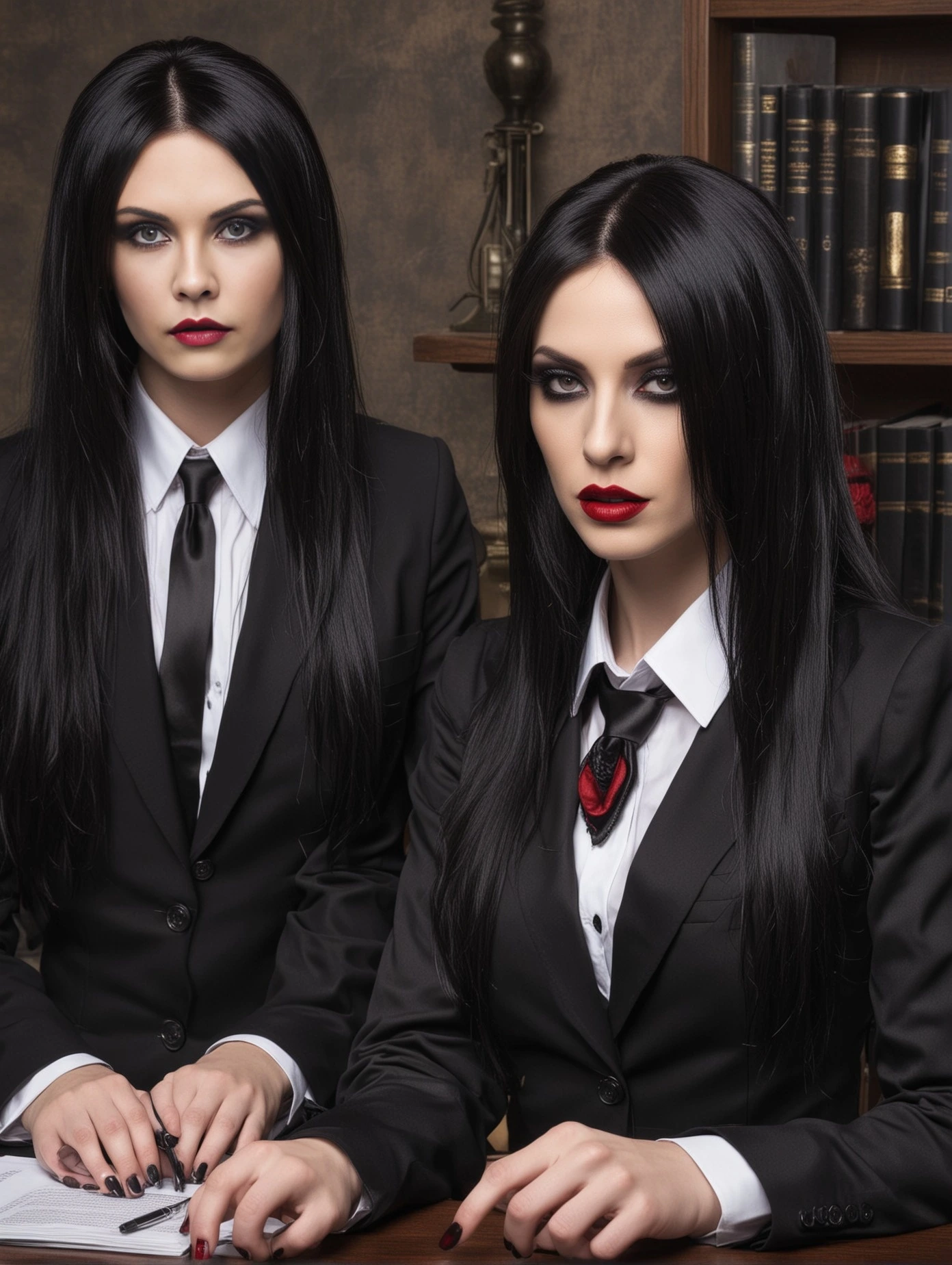 Elena Parker and her colleague sitting at a desk in a formal setting, both dressed in black suits, highlighting their professional collaboration.