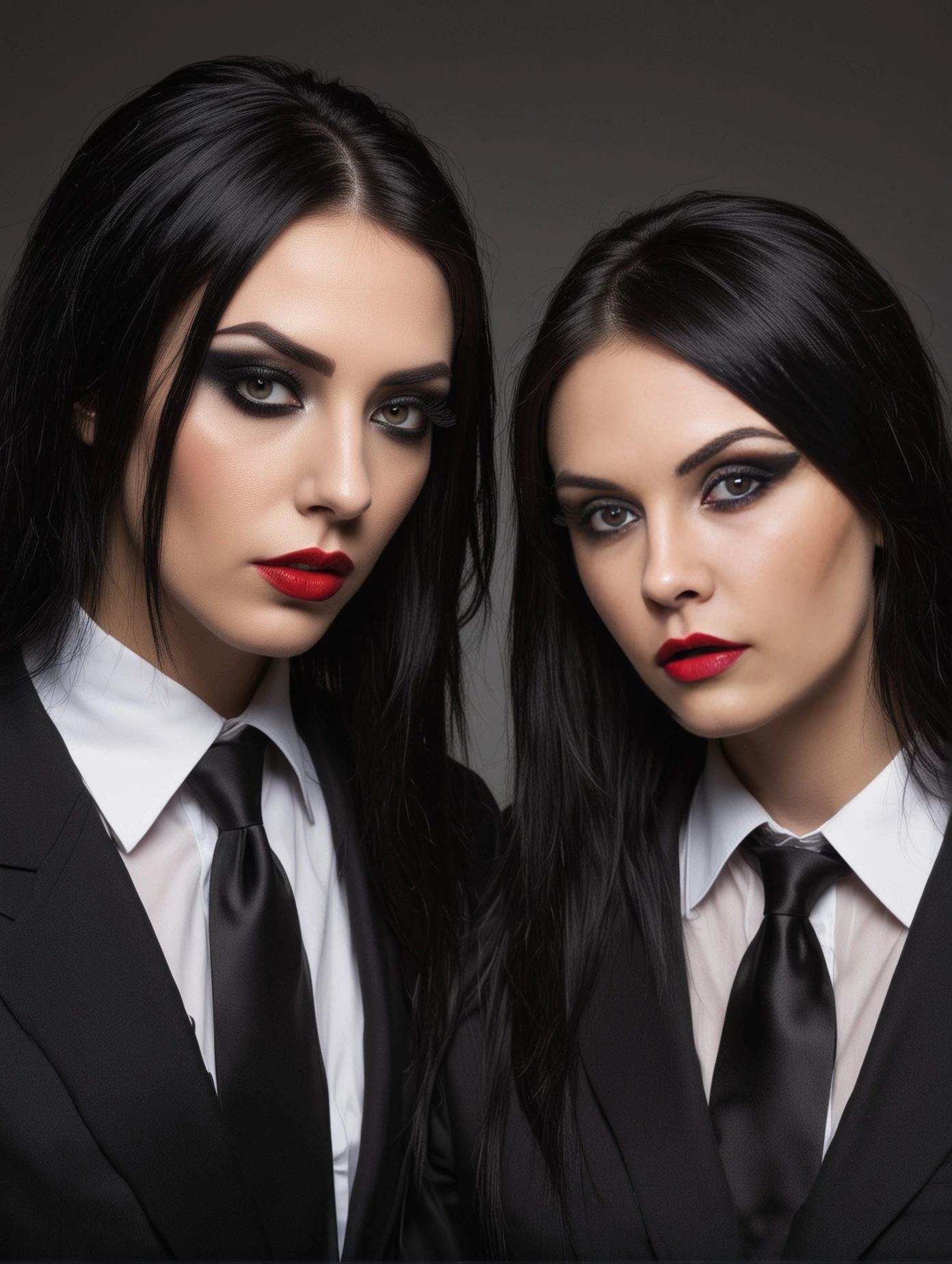 Elena Parker and another gothic woman in formal black suits, emphasizing their strong and confident presence. 