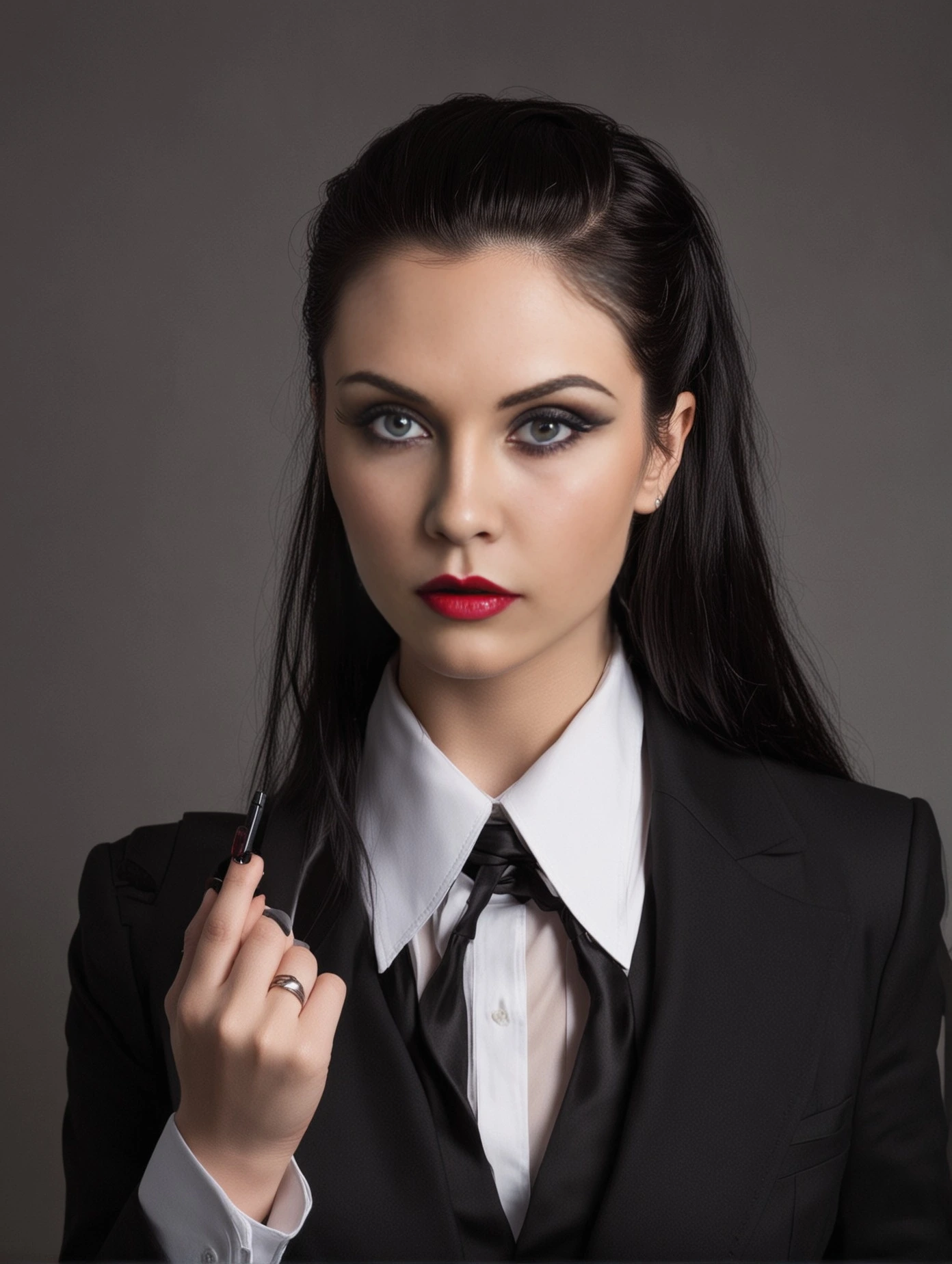 Portrait of Elena Parker in a formal black suit, holding a pen with a confident expression, emphasizing her professionalism. 