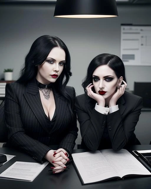 Elena Parker and another woman in an office setting, both dressed in professional black gothic attire, working on documents.