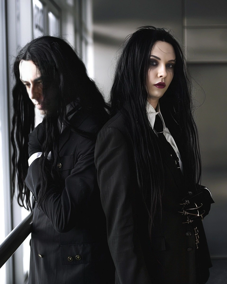 Adrian Blackwood and Elena Parker illustrated in a gothic style, both in formal black attire, representing the intensity and allure of their boss and secretary relationship.