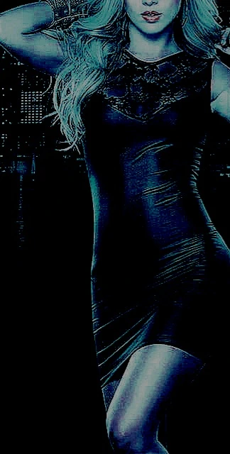 Woman in a black dress with lace detailing, posing against a night cityscape with one arm raised.