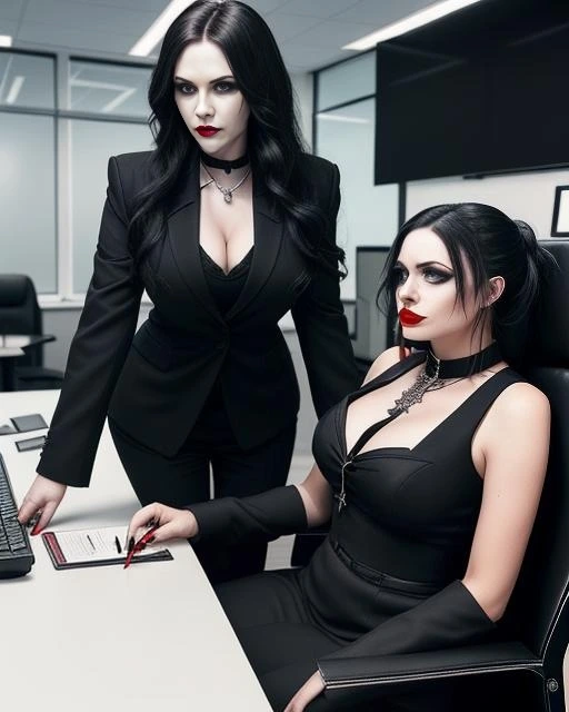 Elena Parker and another woman in a professional setting, both dressed in black suits, symbolizing a boss and secretary dynamic.