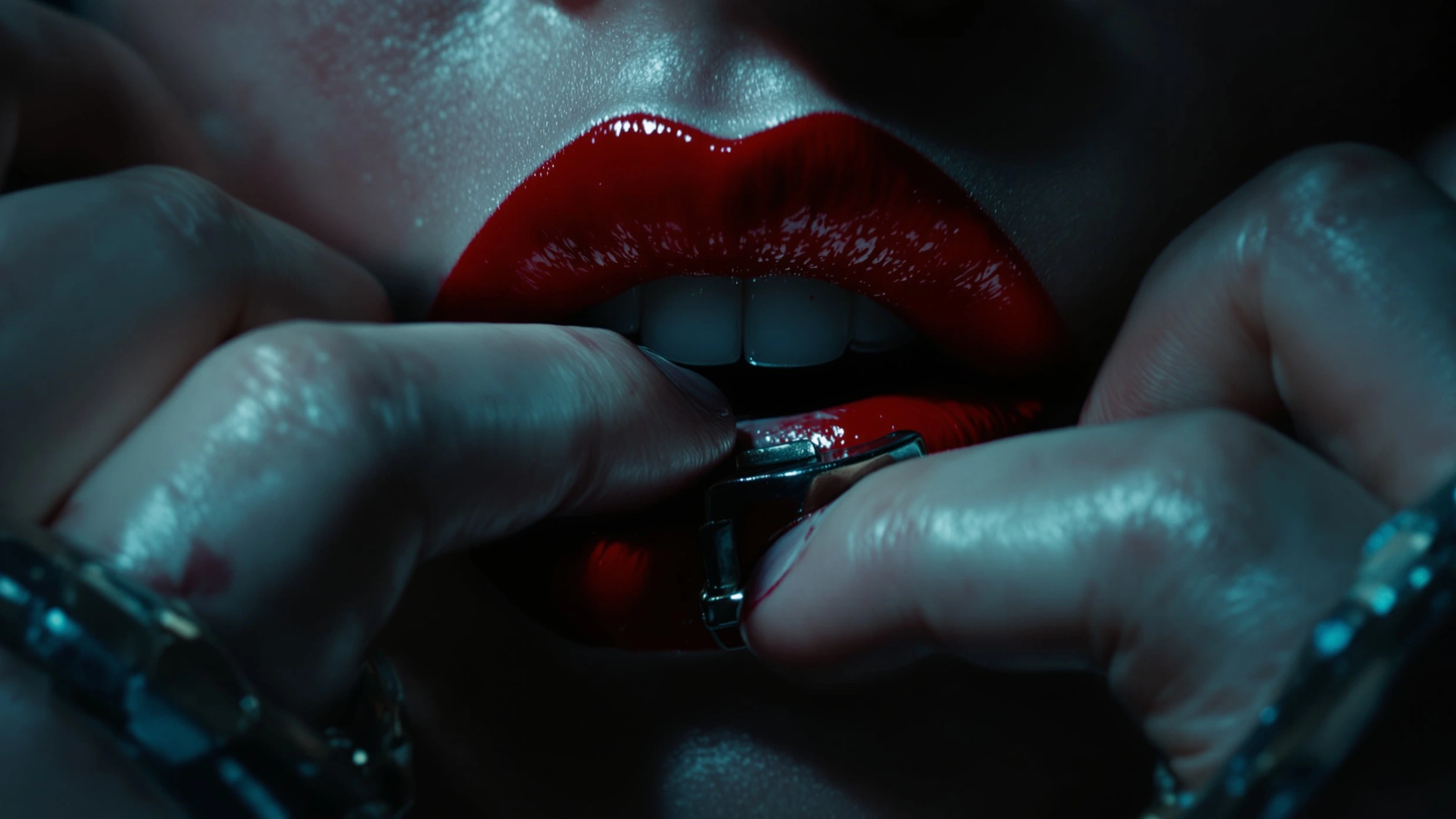 Close-up of glossy red lips biting metal chain with pale hands holding tight.