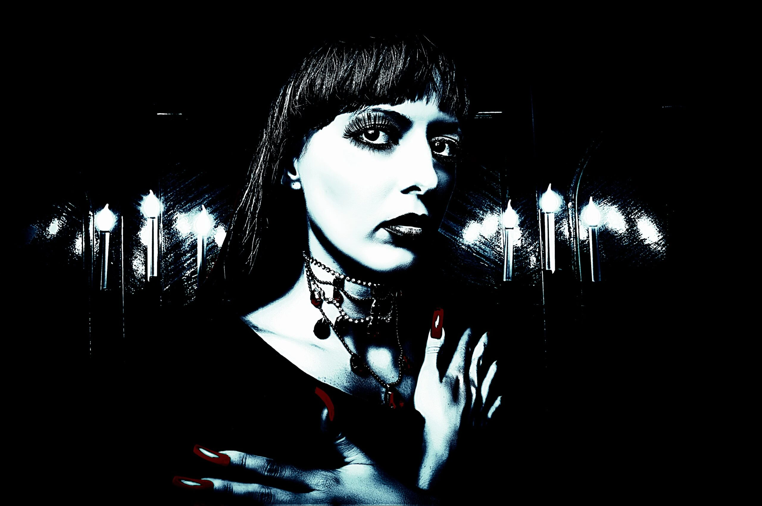 Close-up of a woman with dark lipstick and layered necklaces against candlelight, embodying a classic gothic look and somber mood.