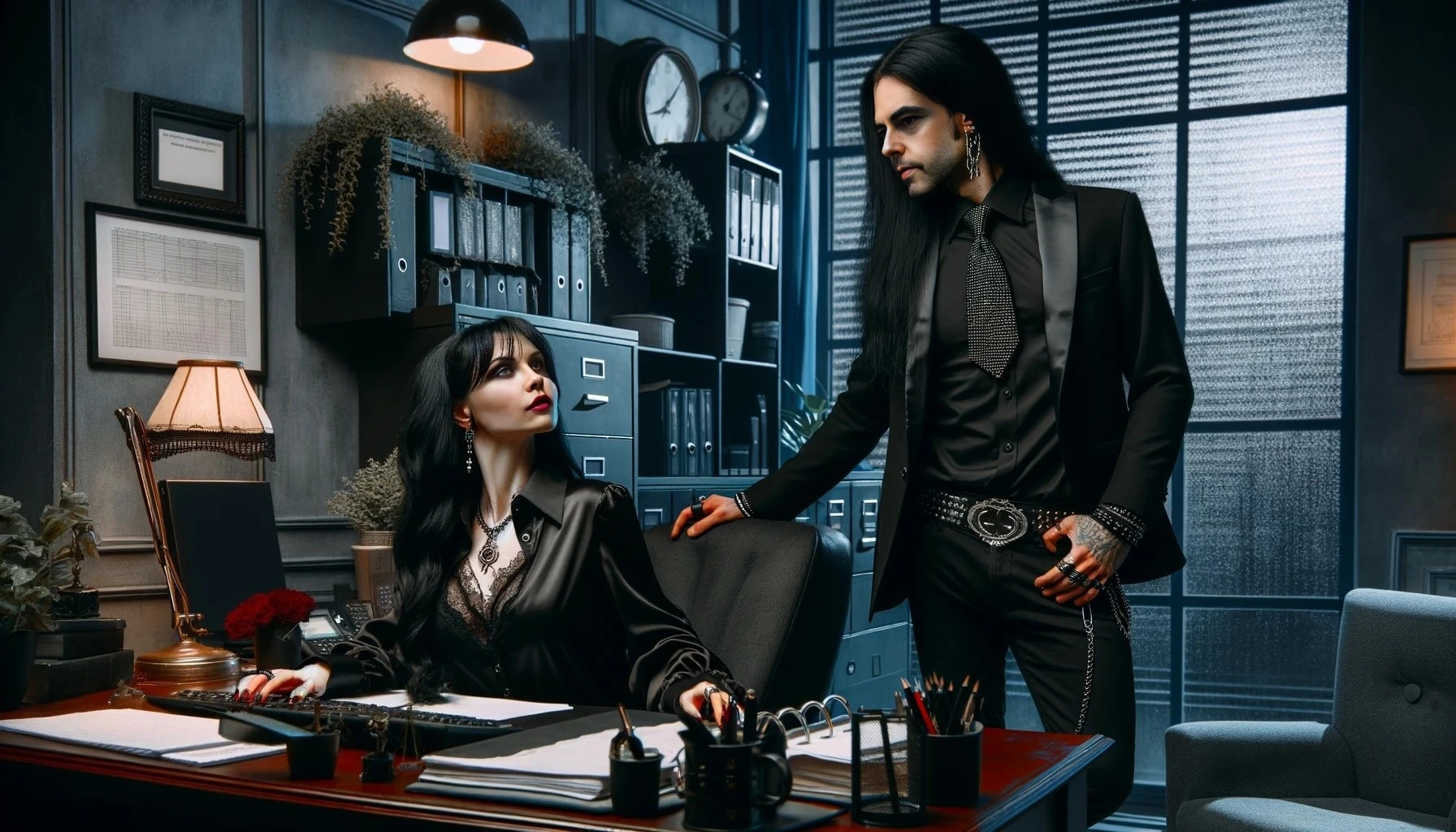 Elena Parker working diligently at her desk while Adrian Blackwood stands beside her, both dressed in stylish black attire, highlighting their intense and complex relationship in a dimly lit office.