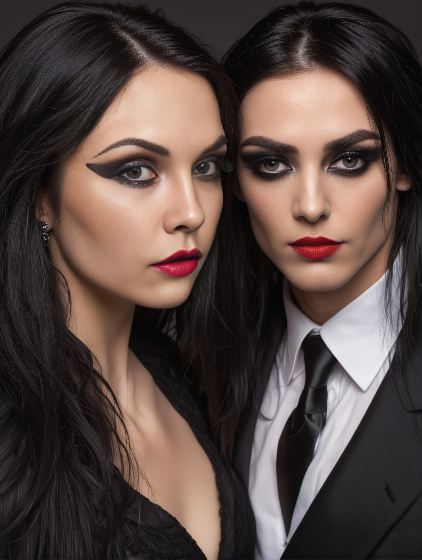 Close-up of Elena Parker and another gothic woman, both dressed in dark, elegant outfits, showcasing their intense and professional relationship.