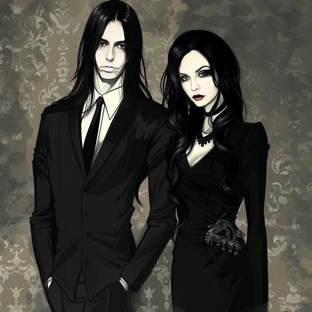 Adrian Blackwood and Elena Parker depicted in a gothic art style, both dressed in formal black, highlighting their intense boss and secretary relationship.