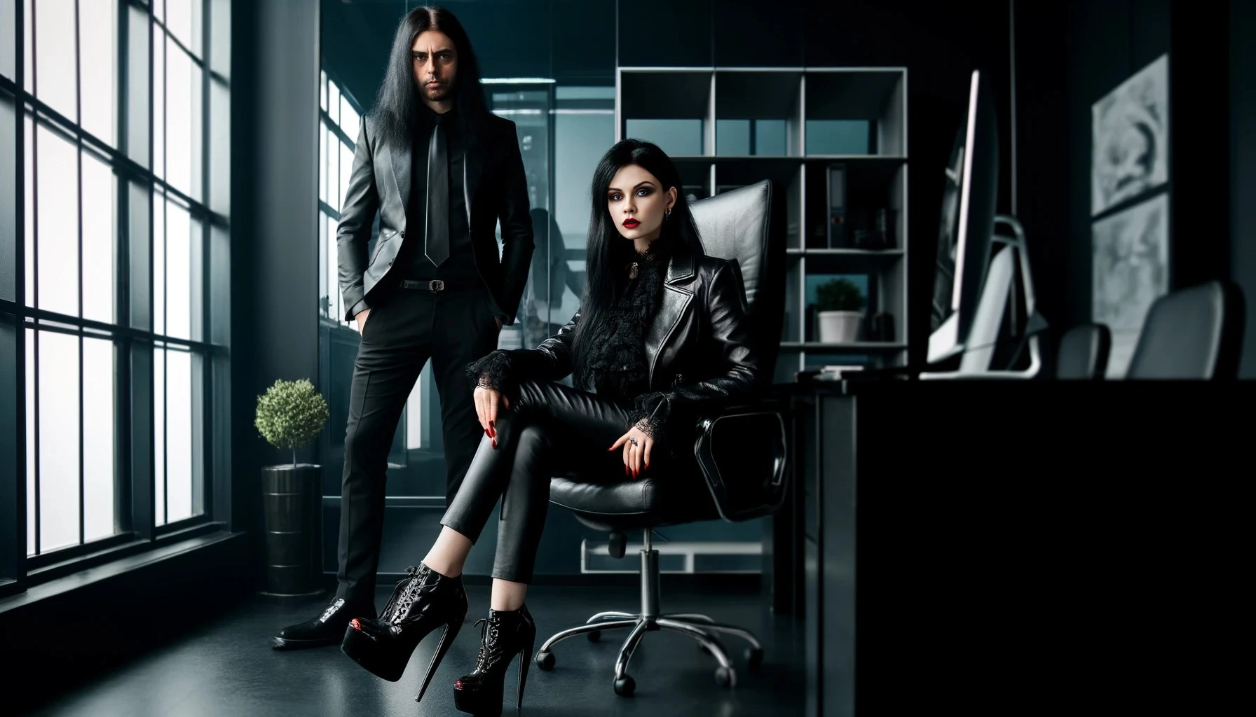 Adrian Blackwood and Elena Parker in a modern, dark-themed office, both dressed in black, showcasing their intense professional relationship and underlying romantic tension.