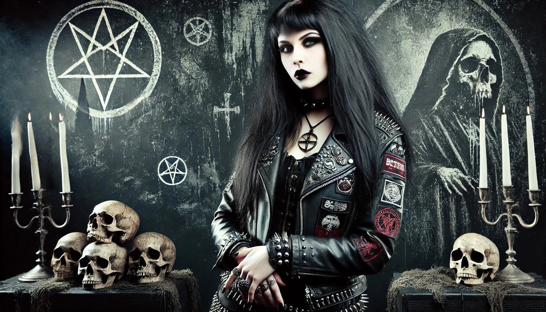 A gothic black metal woman standing against a dark, gothic background featuring skulls, candelabras, and pentagrams, wearing a spiked leather jacket with band patches.