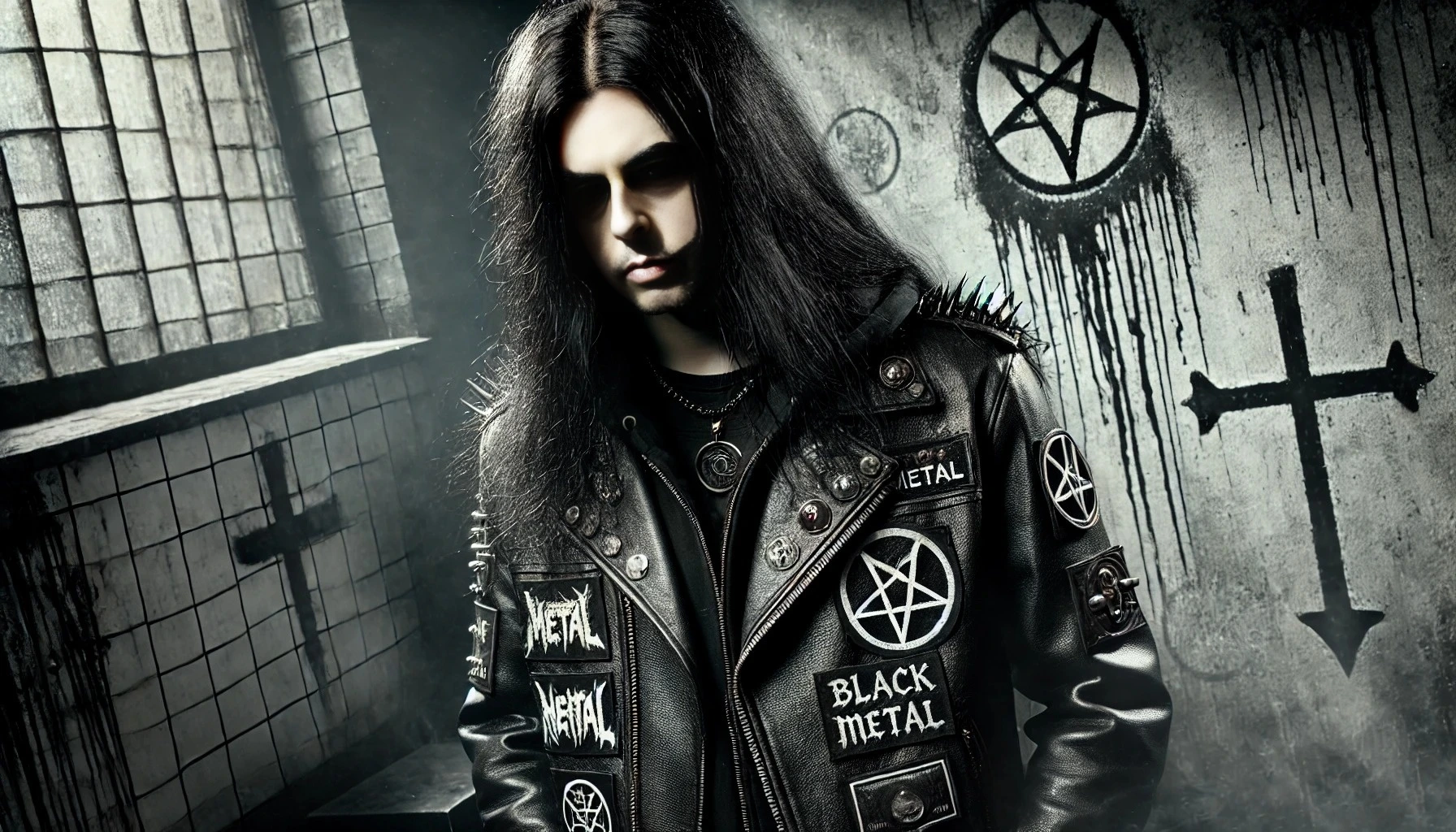 Most ‘Metal’ Clothing Brands are Posers: Black metal man in a spiked leather jacket with band patches and pentagrams, standing in a dark, industrial room with crosses and graffiti on the walls.