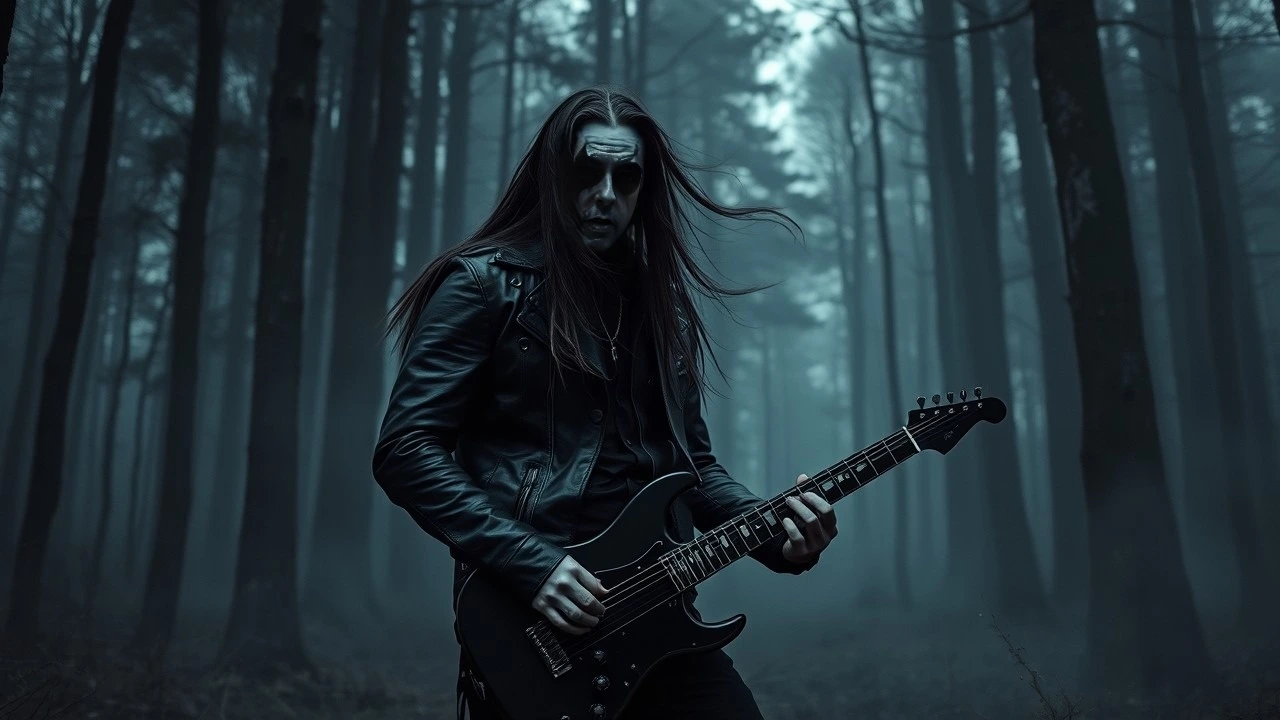 A black metal musician in corpse paint and leather jacket playing guitar in a dark, misty forest, evoking a cold and eerie atmosphere.