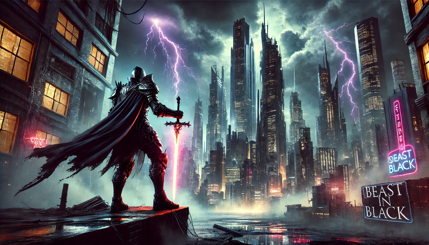 A dark, futuristic scene inspired by Beast in Black, featuring a dystopian city with neon lights and a lone armored figure holding a glowing sword against a stormy, cyberpunk backdrop.