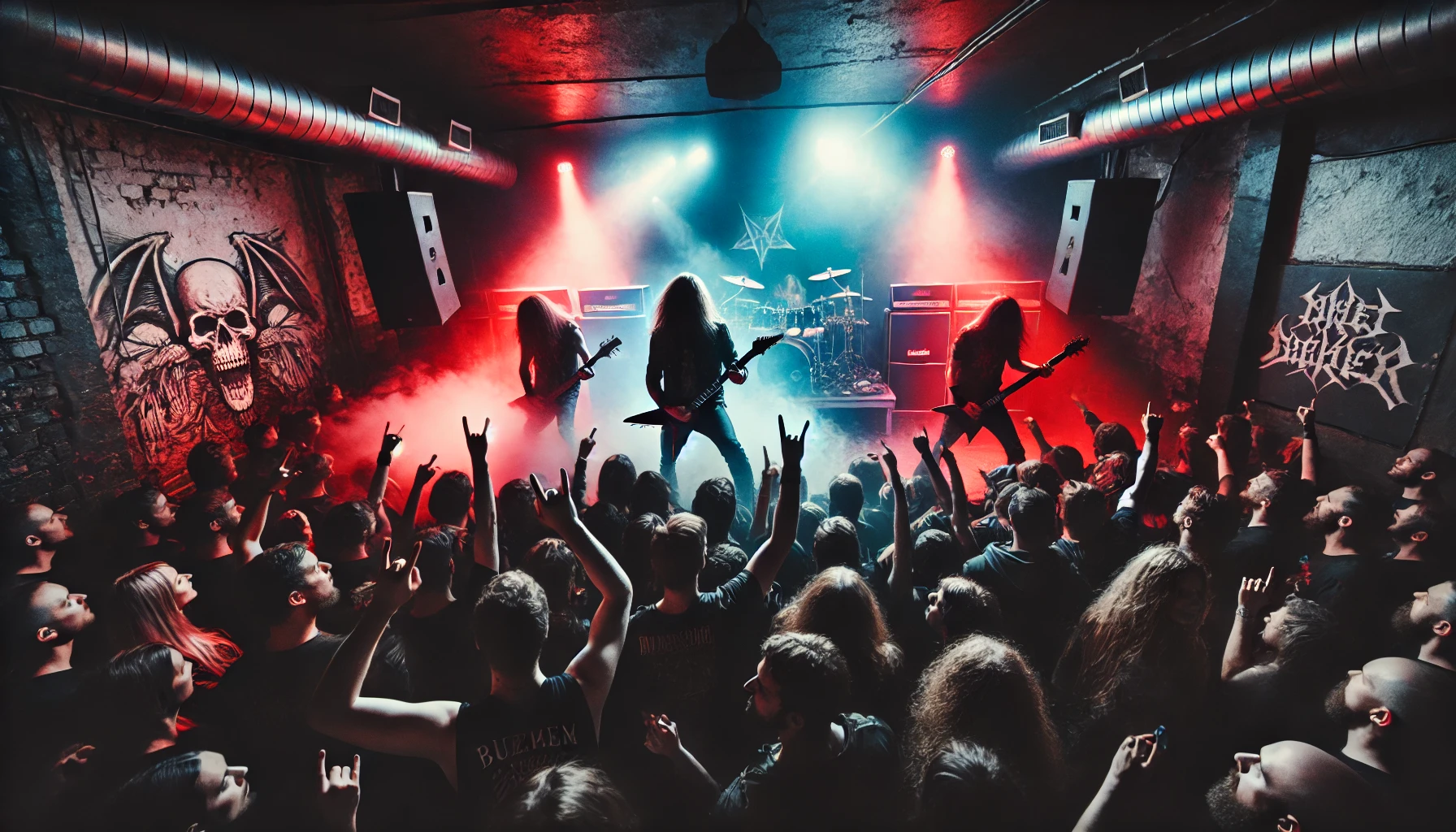 Inspired by Dream Evil Malmö Plan B 2024: An intense live metal concert scene in a dark, smoke-filled venue with red and blue stage lights. A power metal band performs on stage, while the packed crowd headbangs, raises fists, and engages in a mosh pit. The energy and chaos of the performance are palpable